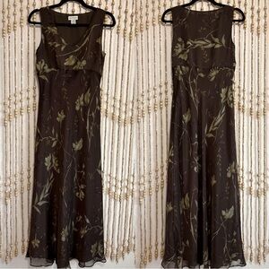 Vintage USA 90s Ann Taylor Brow Tan Floral Fairy Cottage Boho Slip Maxi Dress 4